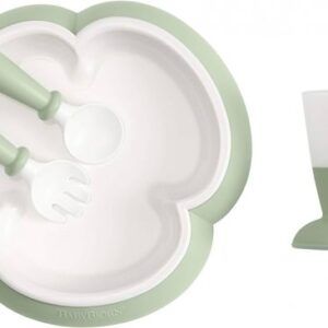 BabyBjorn Feeding Set (šķīvis, karote, dakša un krūzīte) komplkets krāsa Powder Green