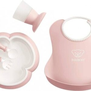 BabyBjorn Dinner Set (šķīvis/dakšiņa/karote/glāzīte un priekšautiņš) krāsa Powder Pink
