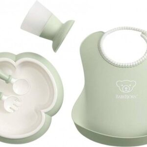 BabyBjorn Dinner Set (šķīvis/dakšiņa/karote/glāzīte un priekšautiņš) un priekšautiņš krāsa Grey