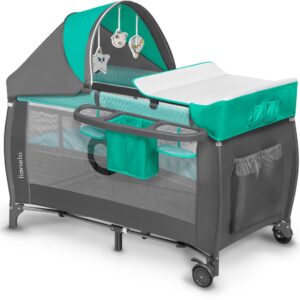 Lionelo SVEN PLUS ceļojumu gulta krāsa TURQUOISE/GREY