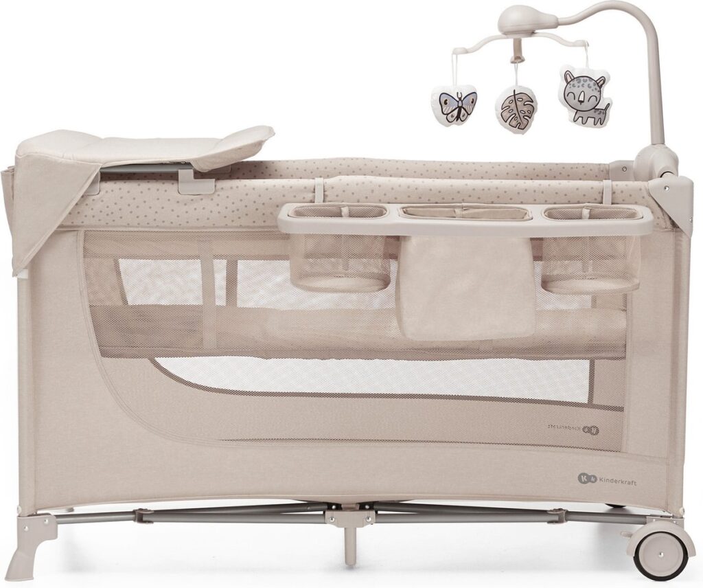 Kinderkraft Joy 2 bērnu ceļojuma gultiņa krāsa Beige ar aksesuāriem (2 līmeņi)