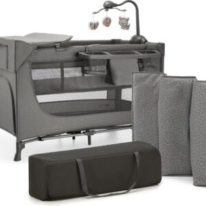 Kinderkraft Joy 2 bērnu ceļojuma gultiņa krāsa Dark Grey ar aksesuāriem (2 līmeņi)
