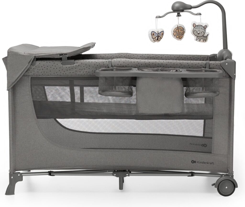 Kinderkraft Joy 2 bērnu ceļojuma gultiņa krāsa Dark Grey ar aksesuāriem (2 līmeņi)
