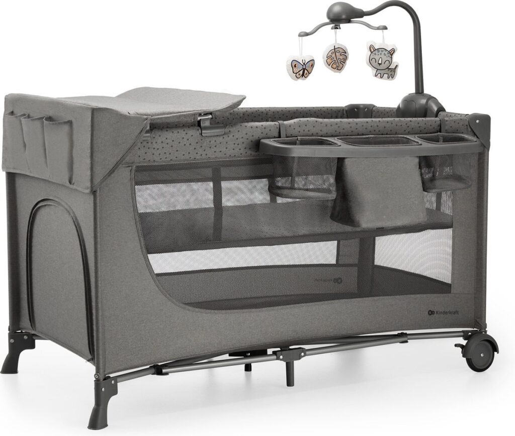 Kinderkraft Joy 2 bērnu ceļojuma gultiņa krāsa Dark Grey ar aksesuāriem (2 līmeņi)