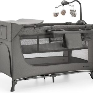 Kinderkraft Joy 2 bērnu ceļojuma gultiņa krāsa Dark Grey ar aksesuāriem (2 līmeņi)