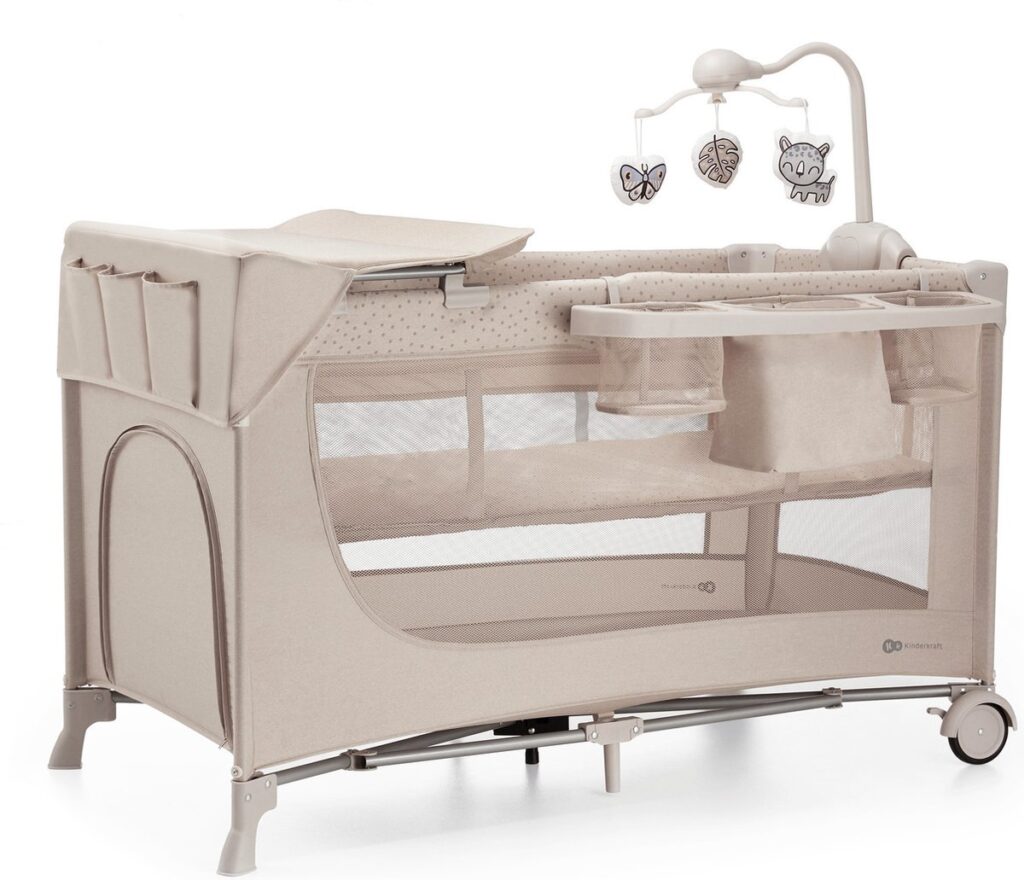 Kinderkraft Joy 2 bērnu ceļojuma gultiņa krāsa Beige ar aksesuāriem (2 līmeņi)