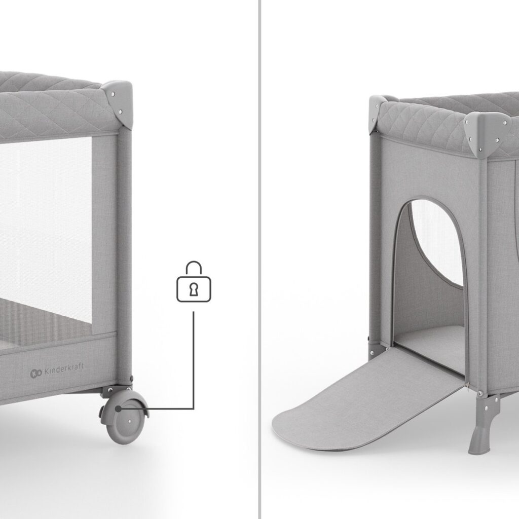 Kinderkraft LEODY UP bērnu ceļojumu gultiņa ar 2 līmeņiem krāsa Grey