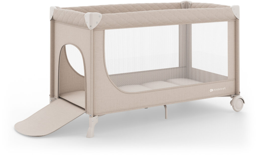 Kinderkraft LEODY UP bērnu ceļojumu gultiņa ar 2 līmeņiem krāsa Beige